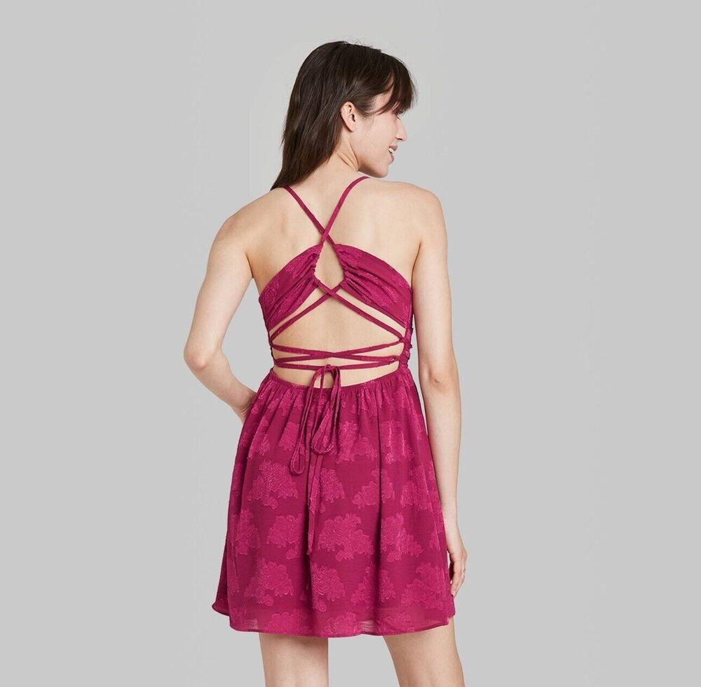 WILD FABLE DRESS SLEEVELESS OPEN LACED BACK ROUCHED Roses L